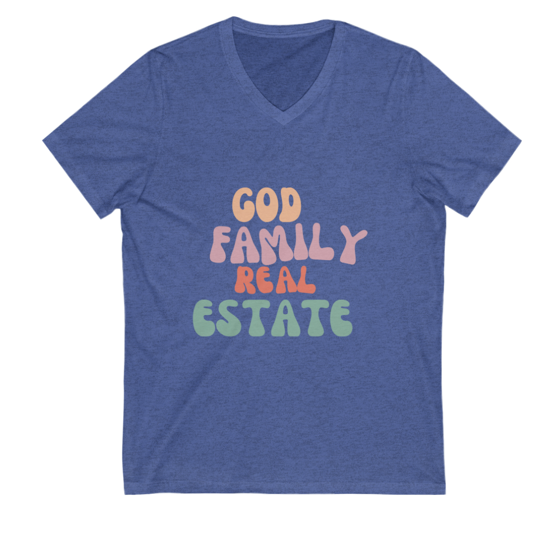 God, Family, Real Estate Unisex Jersey Short Sleeve V-Neck Tee