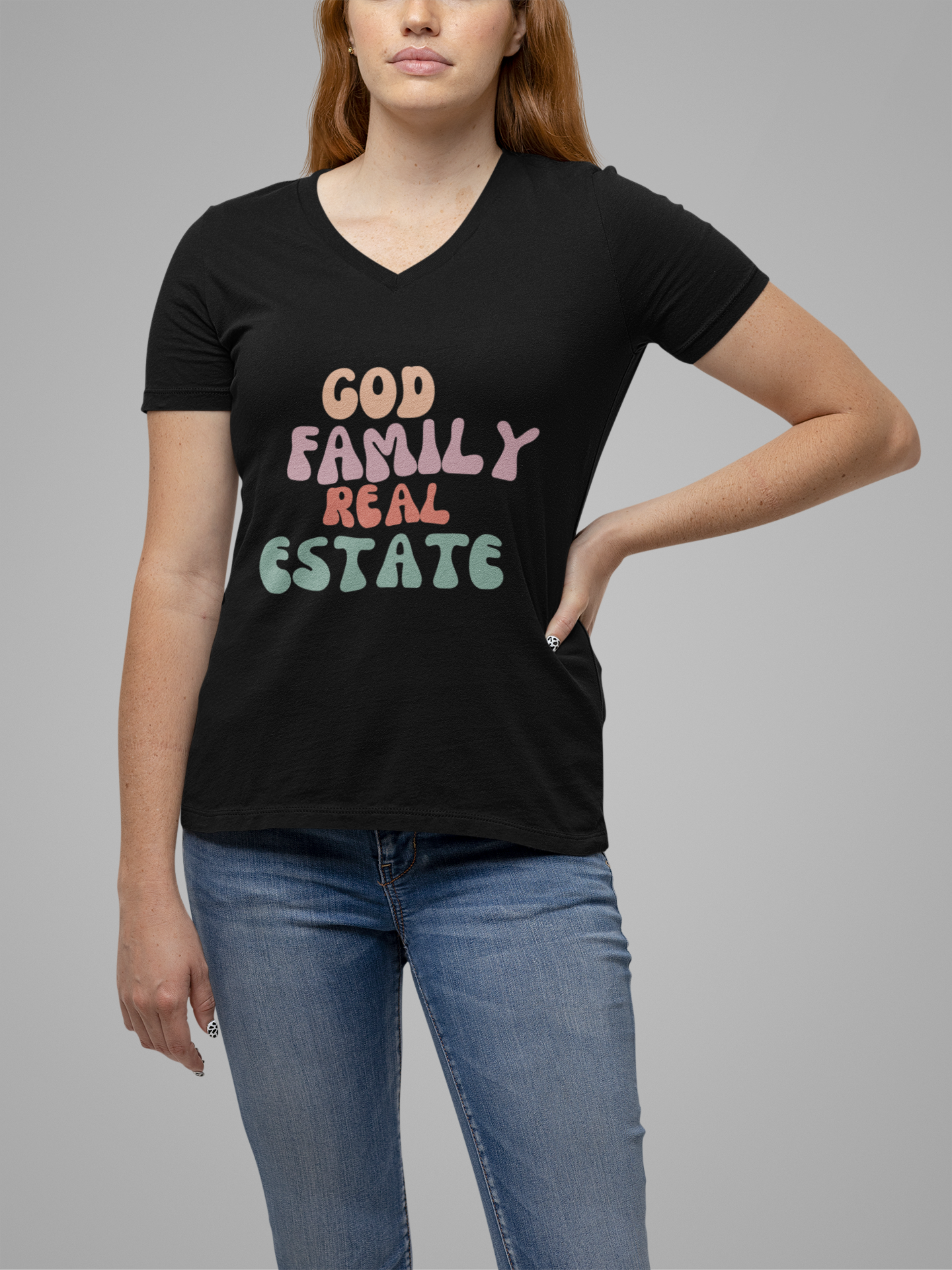 God, Family, Real Estate Unisex Jersey Short Sleeve V-Neck Tee