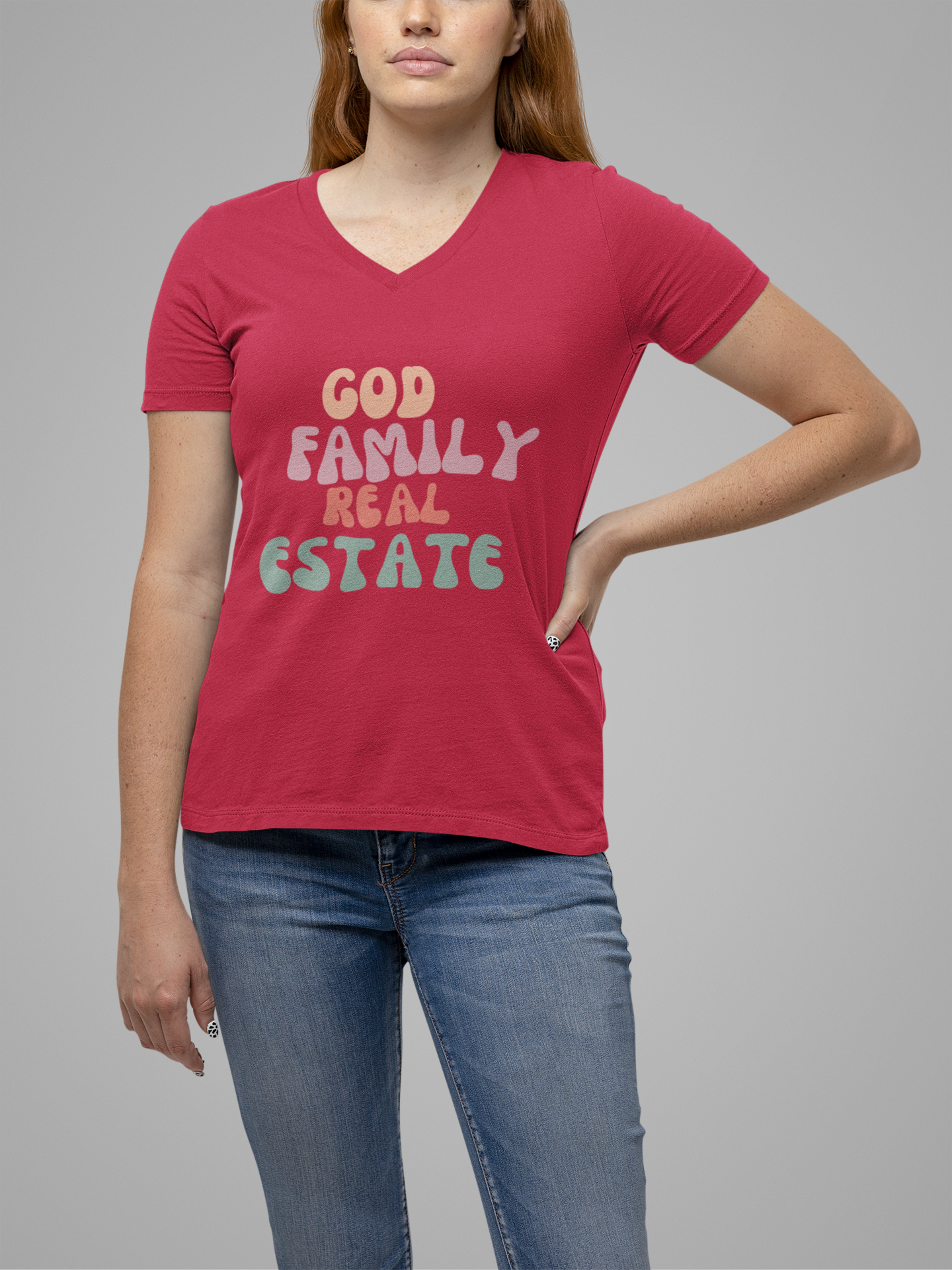 God, Family, Real Estate Unisex Jersey Short Sleeve V-Neck Tee