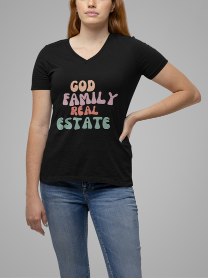 God, Family, Real Estate Unisex Jersey Short Sleeve V-Neck Tee