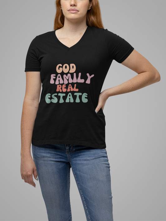 God, Family, Real Estate Unisex Jersey Short Sleeve V-Neck Tee