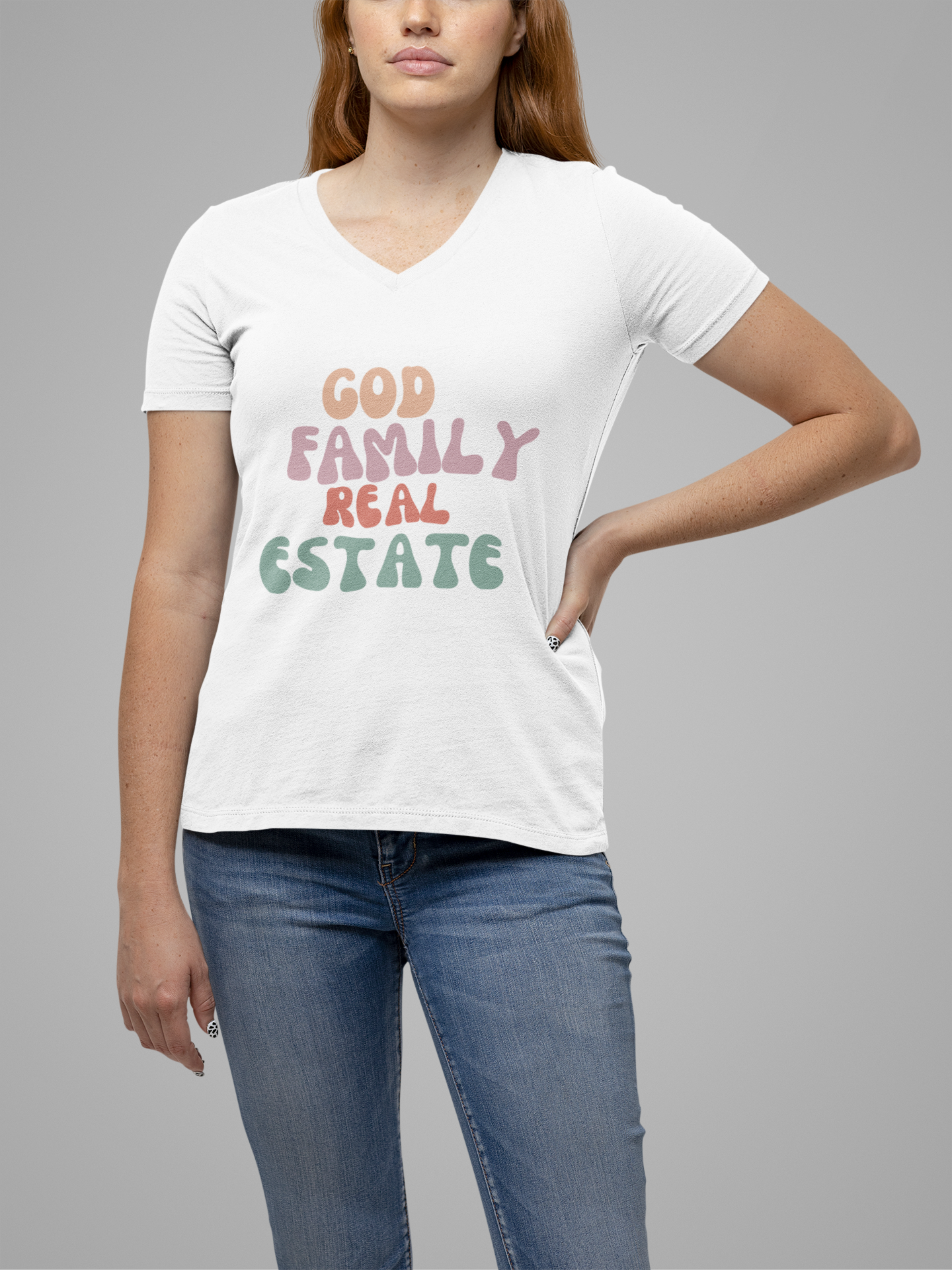 God, Family, Real Estate Unisex Jersey Short Sleeve V-Neck Tee