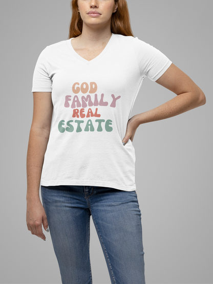 God, Family, Real Estate Unisex Jersey Short Sleeve V-Neck Tee